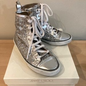 Jimmy Choo woman’s high top silver glitter sneakersSize 37/ 6 6.5.Good condition